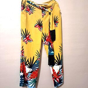 Soft Surroundings Medium Gold Floral Tropical Boho Fringe Pull On Pants